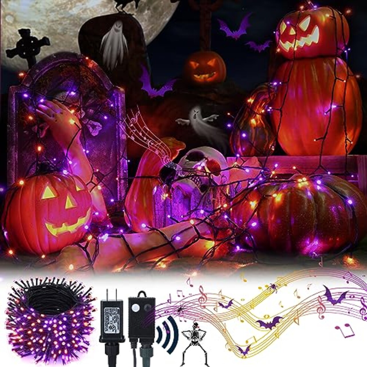 82FT 200 LED Halloween Lights Outdoor, Halloween String Lights with Spooky Music Waterproof, Plug in Motion Sensor Orange & Purple String Light for Yard Bedroom Home Party Tree Halloween Decor